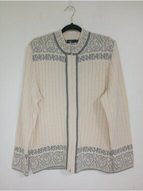 Valent Cream Wool Nordic-Style Zip-Up Sweater Cardigan W/ Gray Pattern Size L